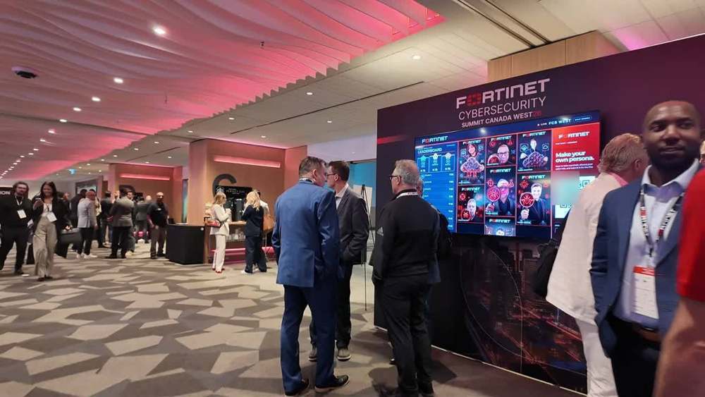 Attendees in front of a live social wall showing AI-generated portraits beside the leaderboard.